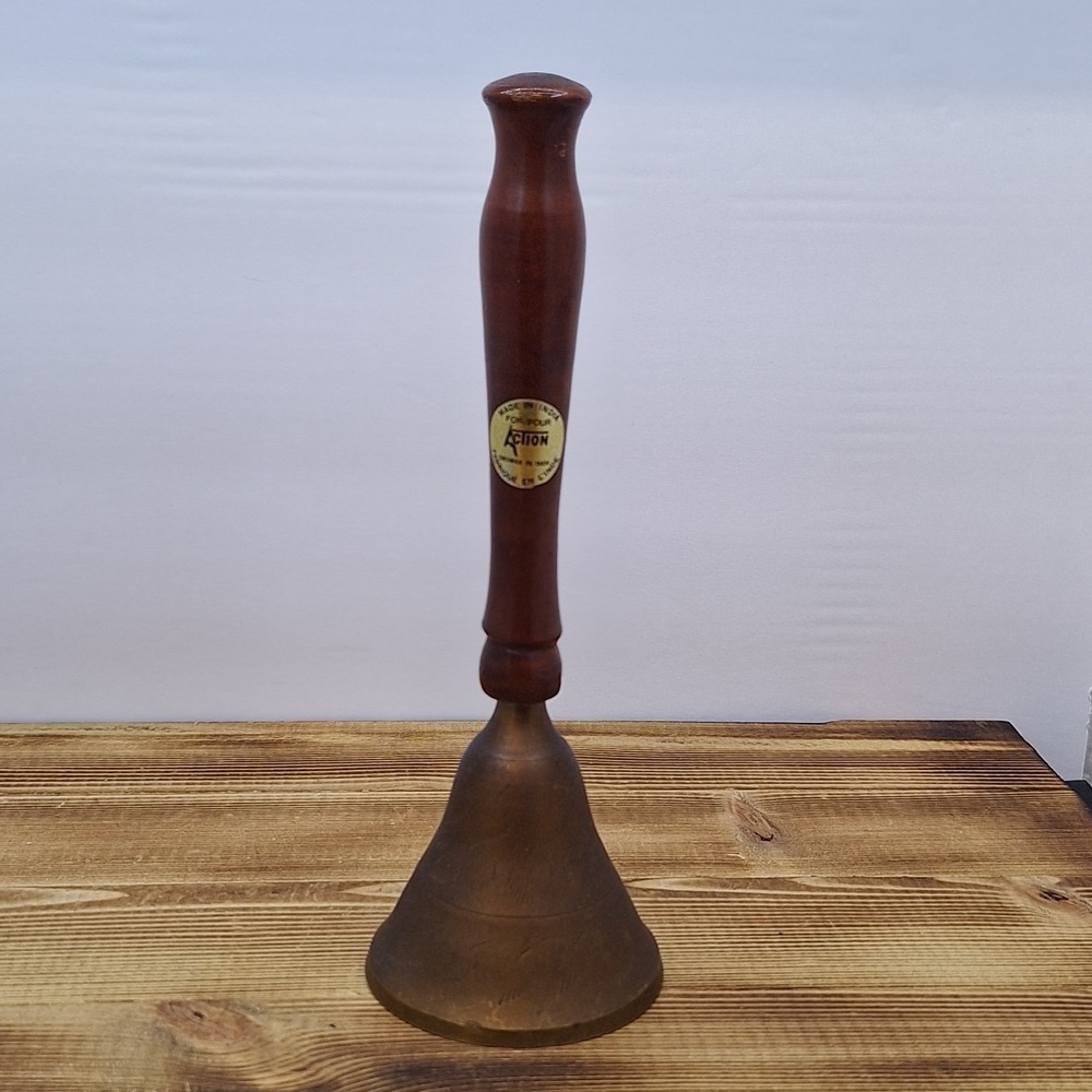 Vintage Etched Brass Teacher Bell Wood Handle 3 X 8 India